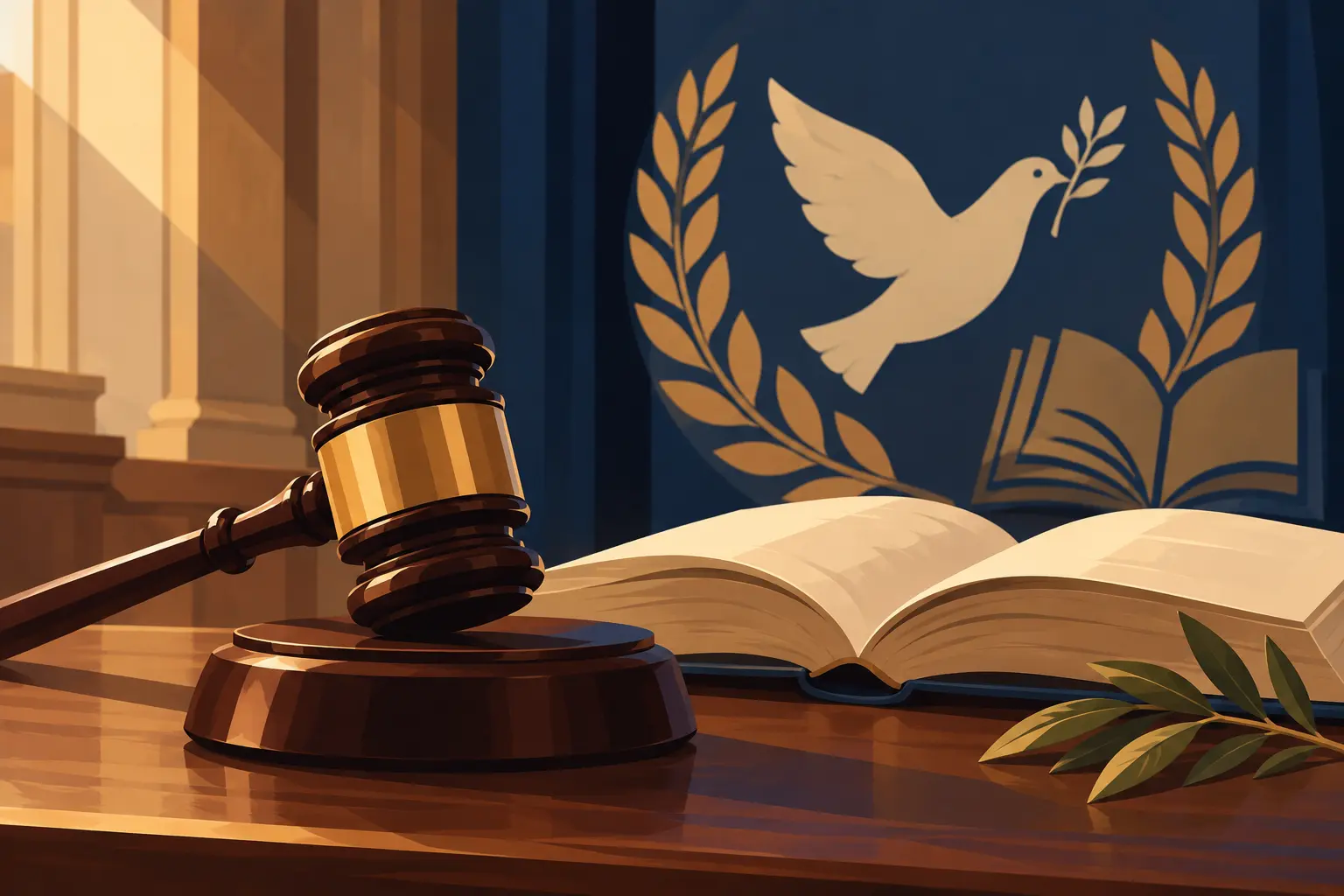 Illustration of a courtroom gavel beside an open book, representing this year's Peace and Literature laureates.