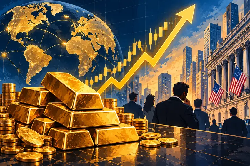 Illustration of gold bars stacked beside a rising price chart as markets price in further interest rate cuts.