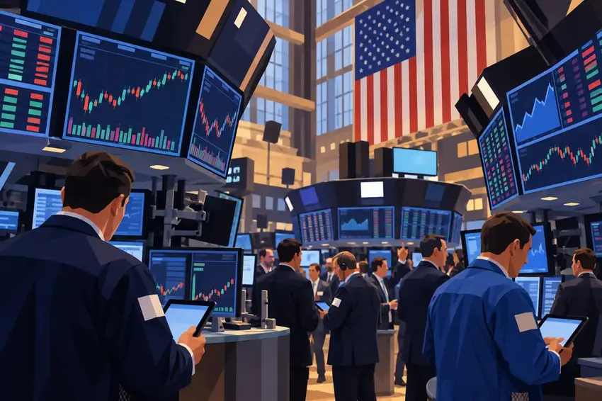 Illustration of a Wall Street trading floor as big banks kick off third-quarter earnings season.