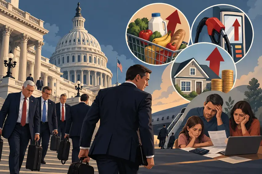 Illustration of lawmakers departing the Capitol with cost-of-living concerns weighing on the midterm campaign ahead.