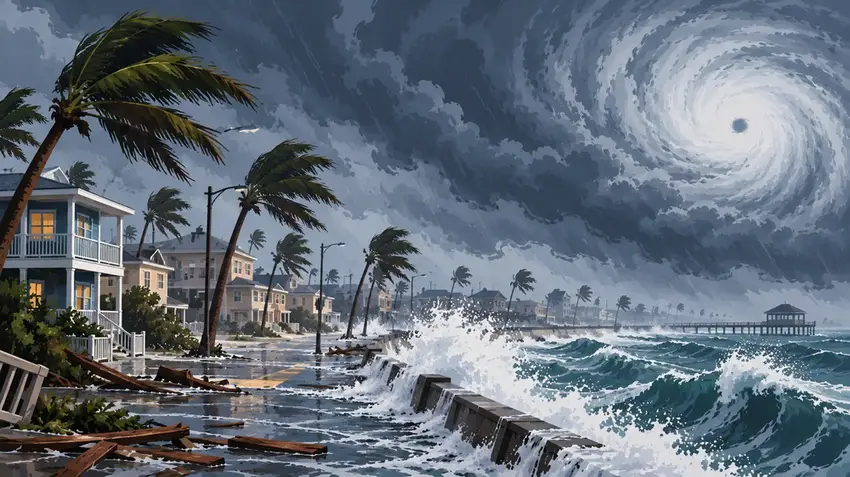 Illustration of storm surge and wind battering a Gulf Coast beach town under a hurricane warning.