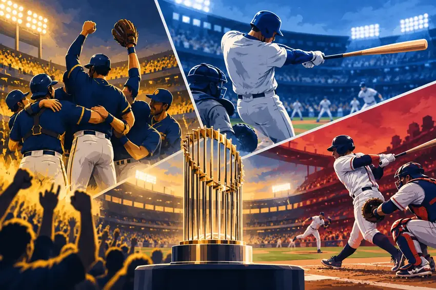 Illustration of a batter connecting under stadium lights during an October playoff game.