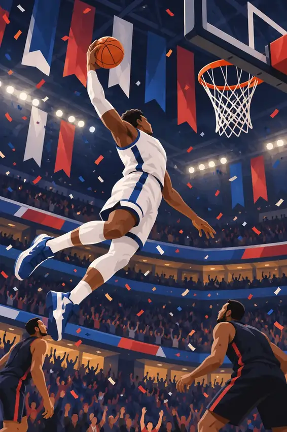 Illustration of a player elevating for a dunk as confetti and banners mark opening night of a new NBA season.