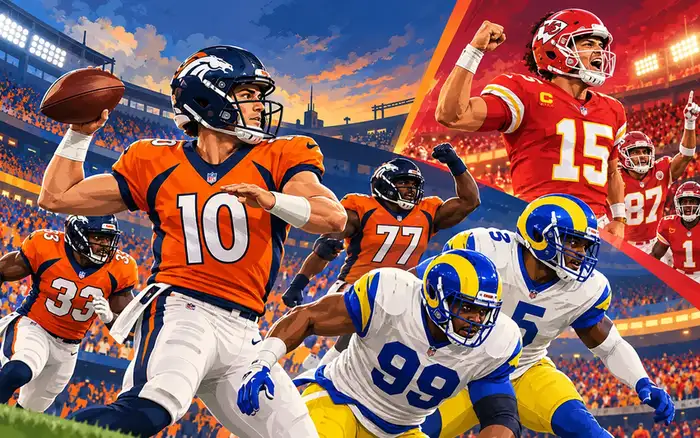 Illustration of a late fourth-quarter touchdown under stadium lights on a Sunday night in Denver.
