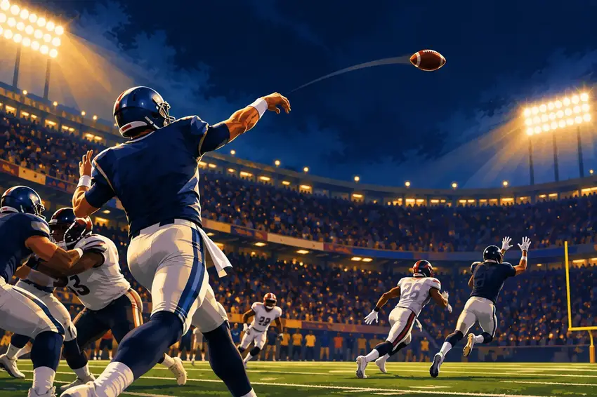 Illustration of a quarterback releasing a deep pass under Monday night lights as the clock winds down.