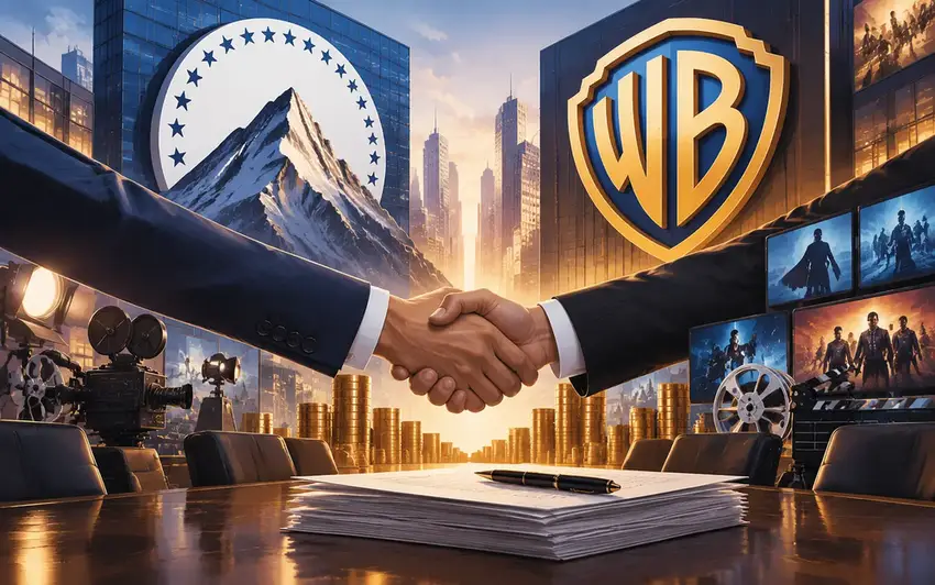Illustration of two major media conglomerates merging under the weight of a resolved antitrust dispute.