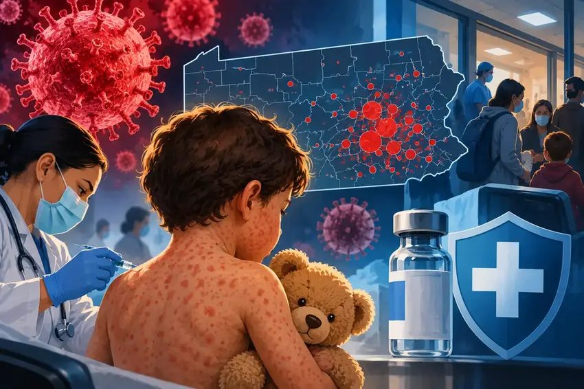 Illustration of a pop-up vaccination clinic in rural Pennsylvania during the state's measles outbreak response.