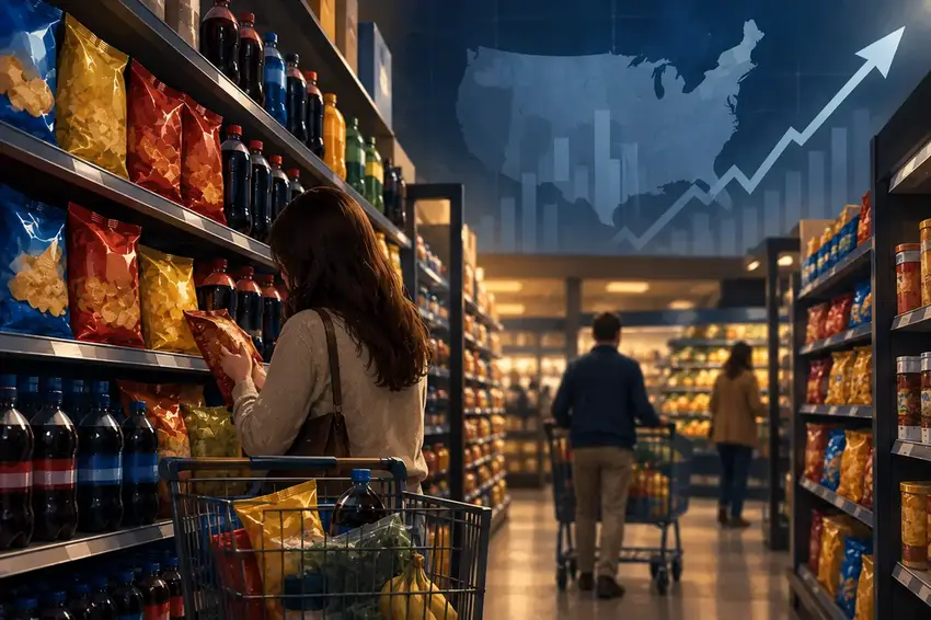 Illustration of a grocery aisle stocked with snack brands as PepsiCo navigates a North American turnaround.