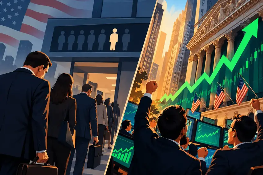 Illustration of a cooling labor market offset by a rallying stock market and a record-setting tech sector.