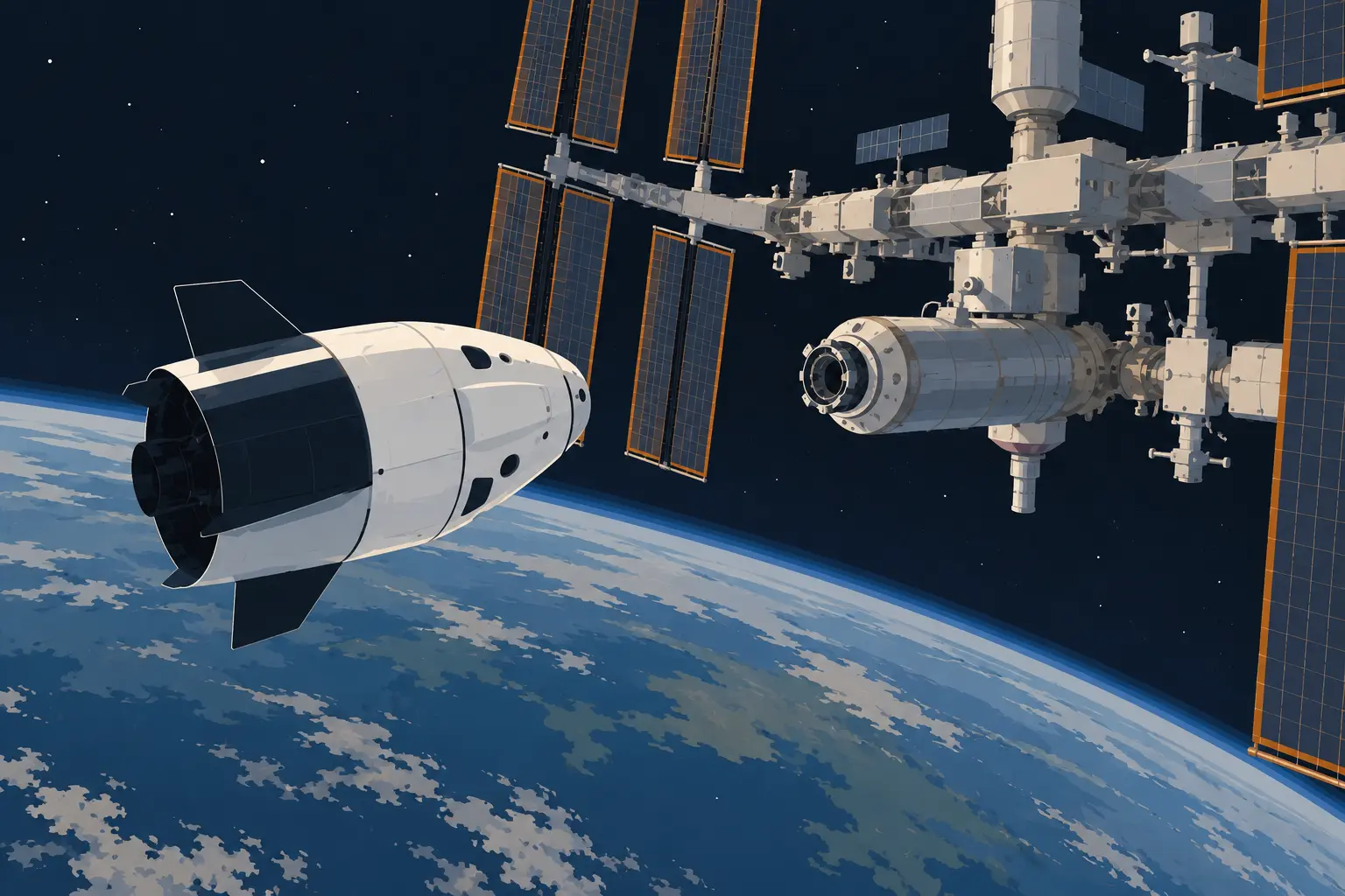 Illustration of a Dragon spacecraft approaching the International Space Station against a backdrop of Earth.