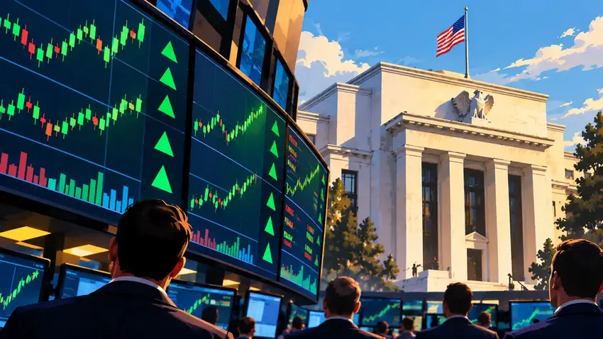 Illustration of a stock ticker board showing tech stocks climbing as Wall Street awaits the Federal Reserve's rate decision.