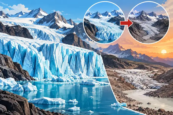 Illustration of a shrinking Alpine glacier revealing exposed rock after a season of record melt.