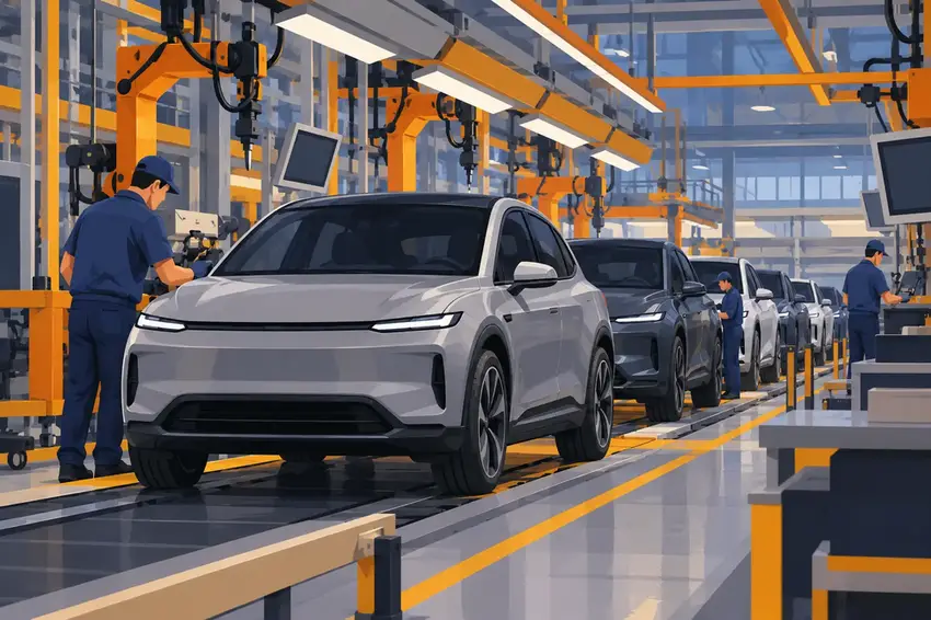 Illustration of electric vehicles rolling off a production line ahead of a quarterly earnings report.