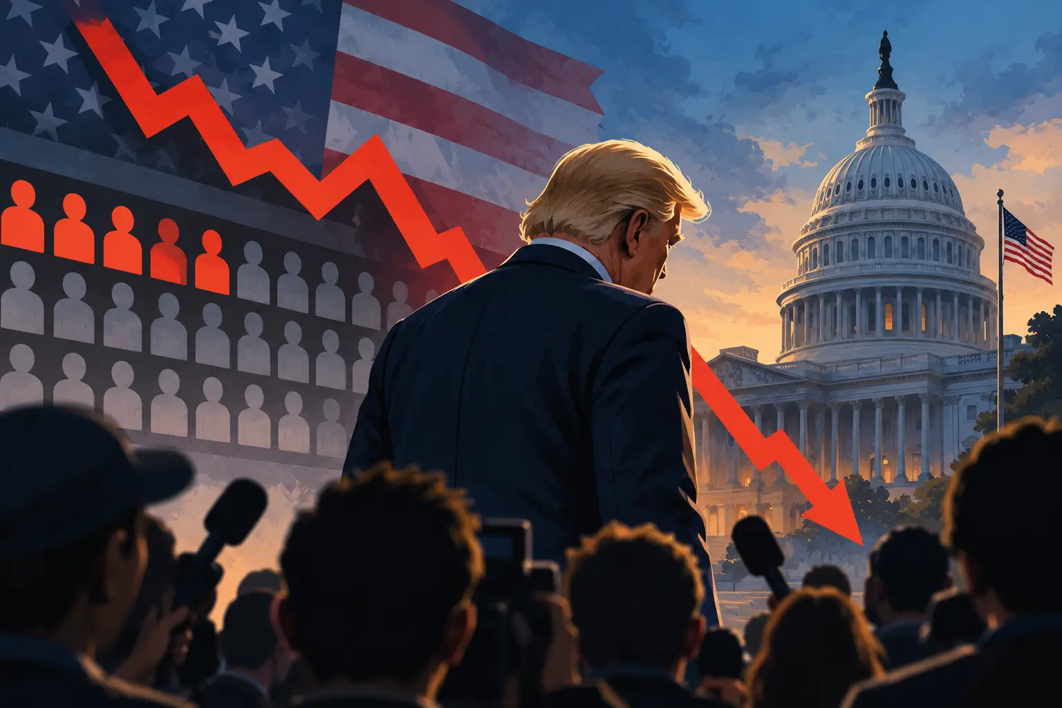 Illustration of the White House with a downward-trending approval line overlaid against a gray sky.