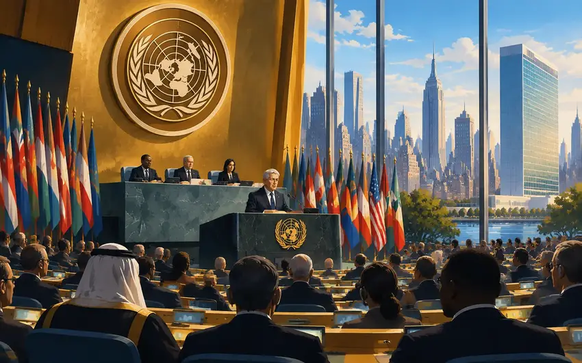 Illustration of world leaders convening at UN headquarters in New York during the General Assembly's high-level week.