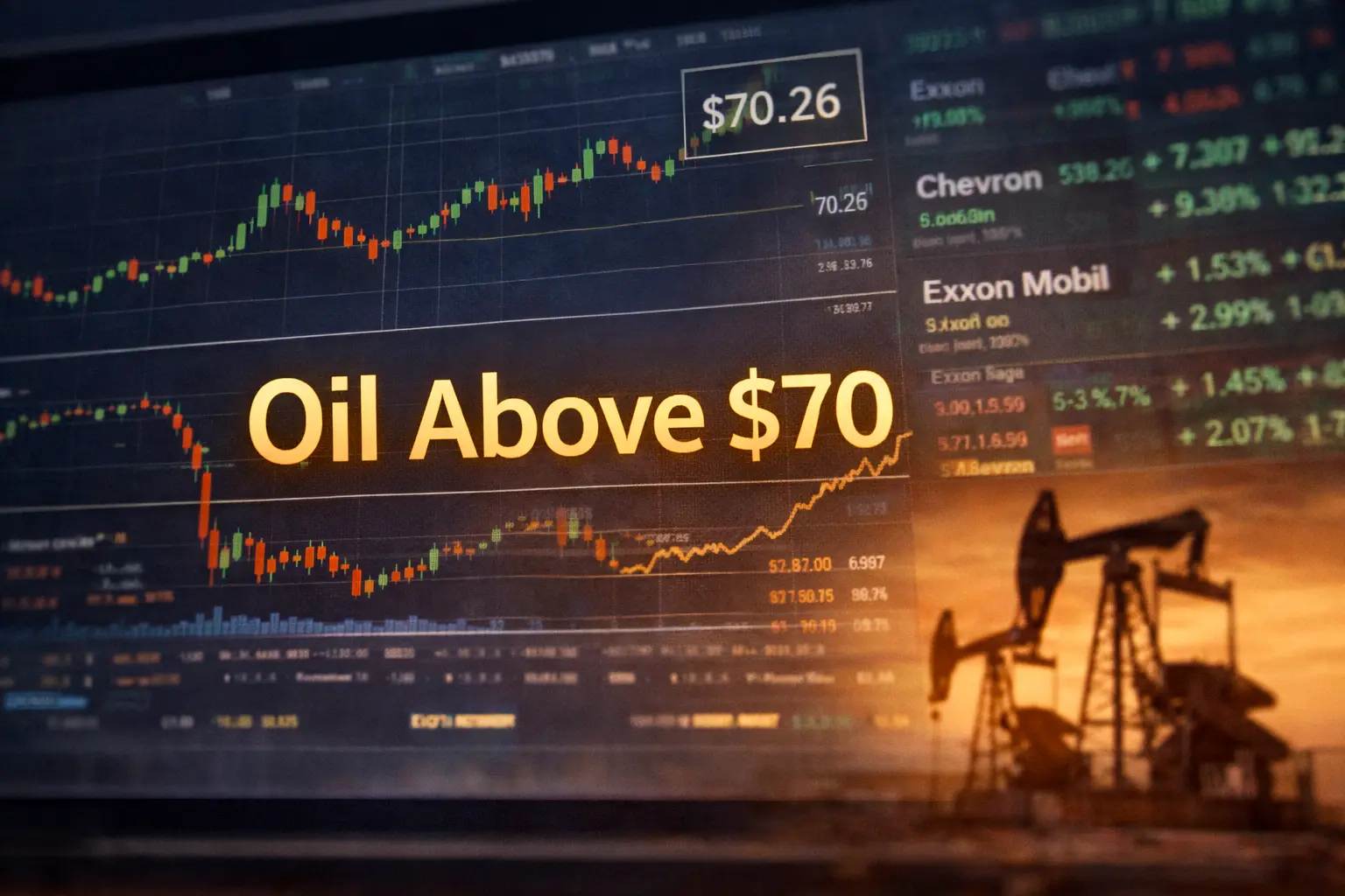 Stock market ticker and oil tanker representing rising oil prices and falling stocks amid Middle East tensions.